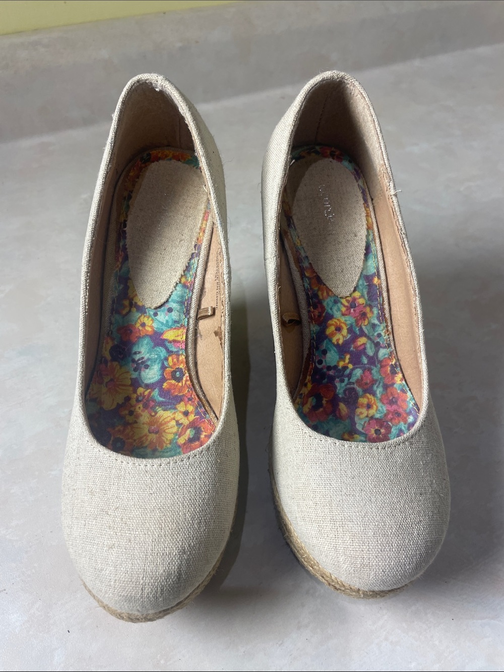 George Beige Canvas Wedge Pumps with Floral Insole